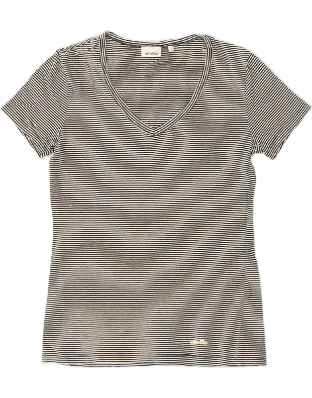 ELLESSE Womens T-Shirt Top UK 14 Large Black Pinstripe Cotton Lace Blend Ribbed Blend Corduroy Blend