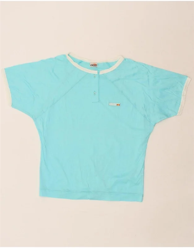ELLESSE Womens T-Shirt Top UK 14 Medium Blue Cotton Asymmetrical Pockets Print