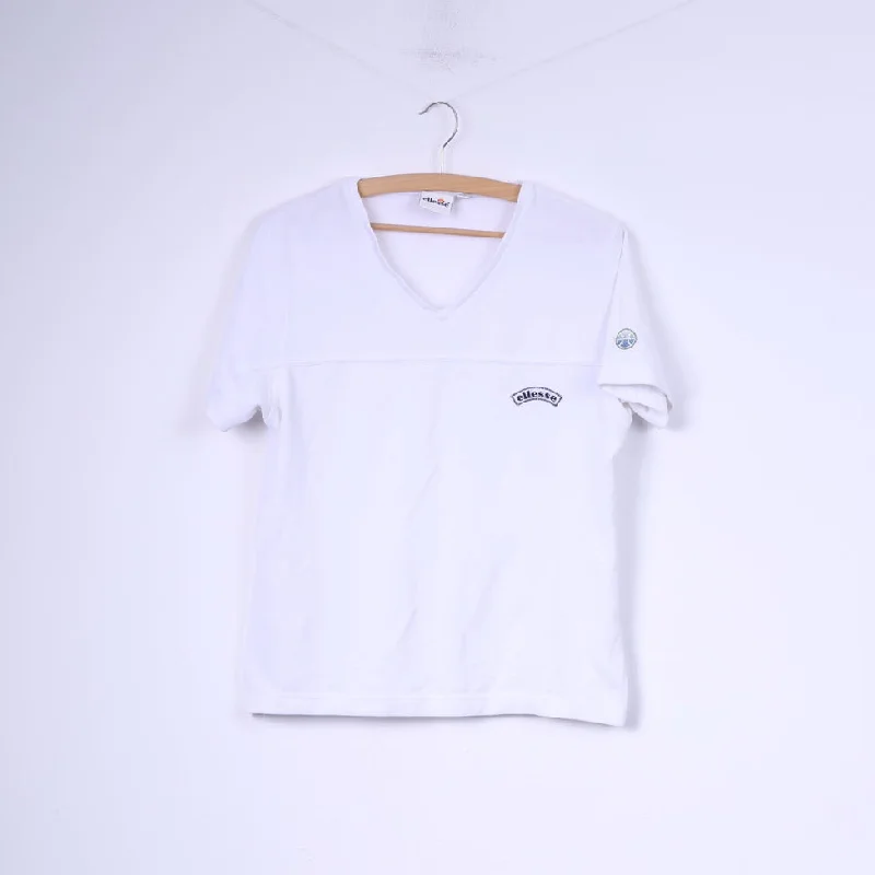 Ellesse Womens 14 L T-Shirt V Neck White Cotton Sportswear Tennis Top Notch Collar Peter Pan Collar Cowl Neck