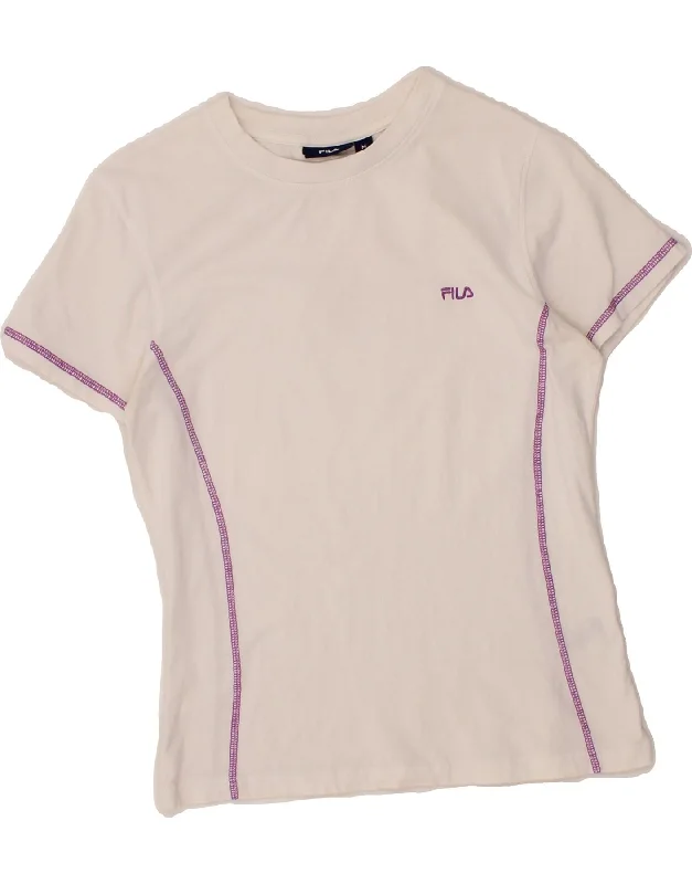 FILA Womens T-Shirt Top UK 12 Medium White Cotton V-Neck T-Shirt Long Sleeve Cotton