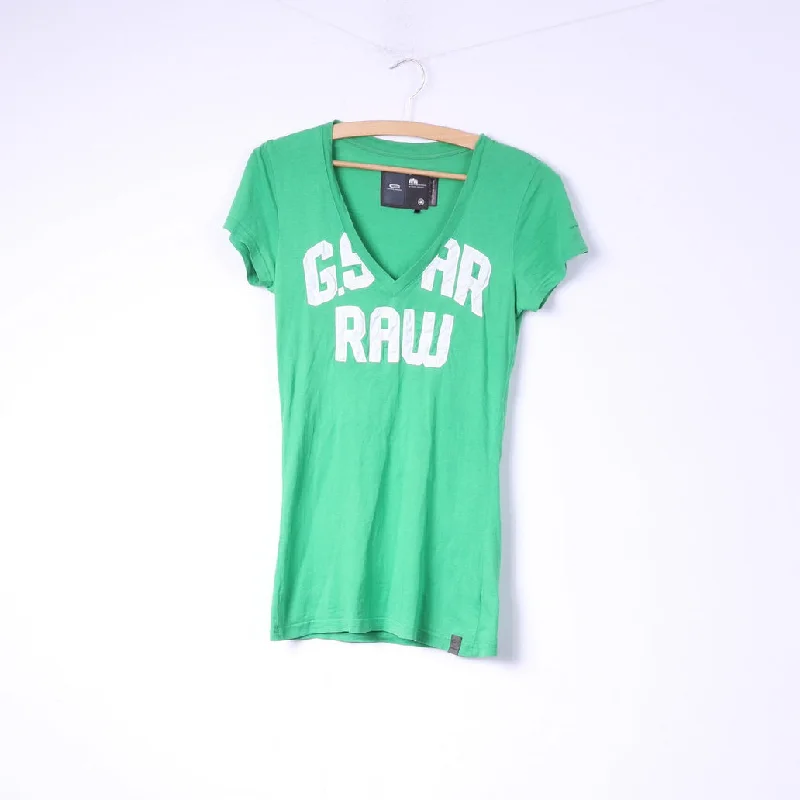 G-Star Raw Womens S T-Shirt Green V Neck Big Logo Cotton Top Chenille Blend Fleece Blend Nylon Blend