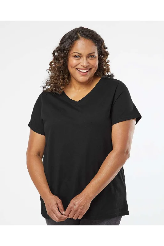 LAT Womens Curvy Collection Fine Jersey Short Sleeve V-Neck T-Shirt - Blended Black - NEW Welt Pockets Slit Pockets