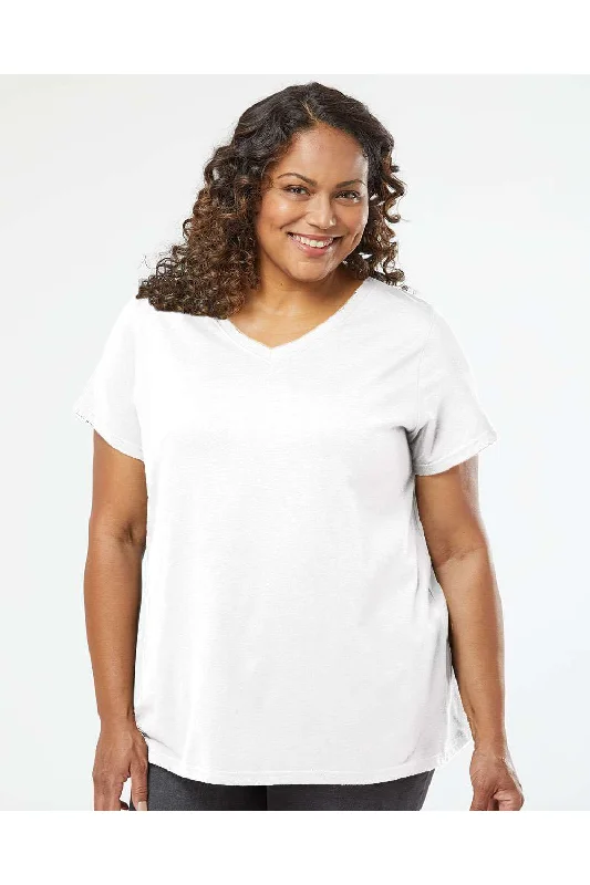 LAT Womens Curvy Collection Fine Jersey Short Sleeve V-Neck T-Shirt - Blended White - NEW Front Pockets Side Pockets Patch Pockets