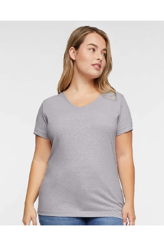 LAT Womens Harborside Melange Short Sleeve V-Neck T-Shirt - Grey - NEW Zippered Front Buttoned Front Snap Front