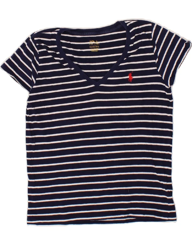 POLO RALPH LAUREN Womens T-Shirt Top UK 10 Small Navy Blue Striped Cotton Mesh Fabric Canvas Fabric Denim Fabric POLO RALPH LAUREN Womens T-Shirt Top UK 10 Small Navy Blue Striped Cotton Mesh Fabric Canvas Fabric Denim Fabric