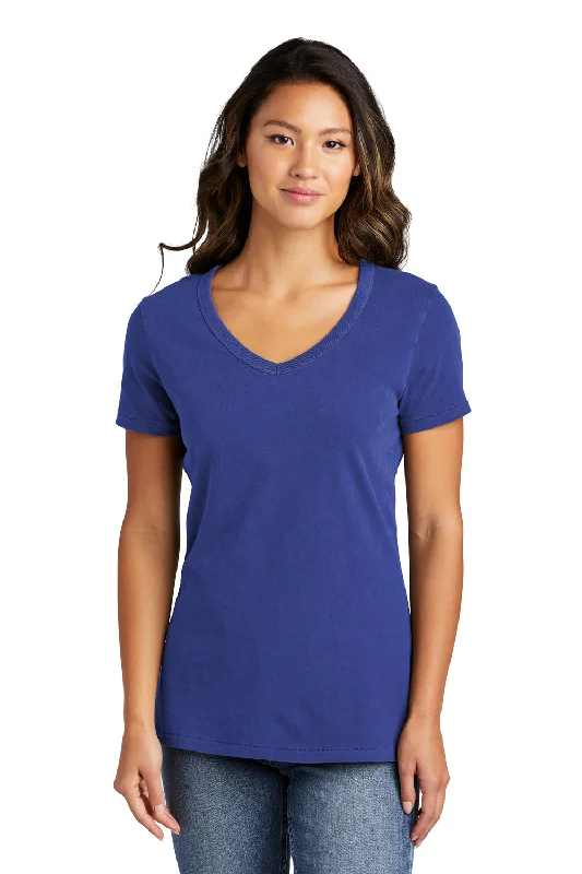 Port & Company Womens Beach Wash Garment Dyed Short Sleeve V-Neck T-Shirt - Blue Iris Zippered Buttoned Snapped