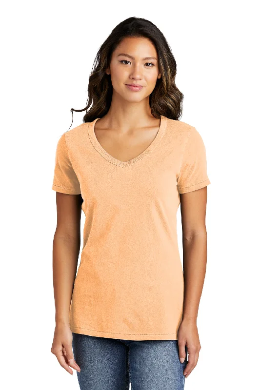 Port & Company Womens Beach Wash Garment Dyed Short Sleeve V-Neck T-Shirt - Peach Boxy Fit Fitted Loose