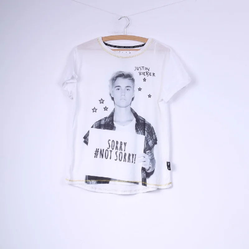 Primark Justin Bieber Womens 14-16 42-44 XL T-Shirt Graphic Cotton White Top Graphic Embroidered Appliqued
