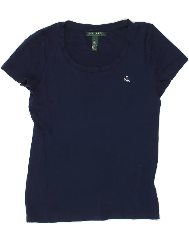 RALPH LAUREN Womens T-Shirt Top UK 10 Small Navy Blue Cotton Mesh Blend Leather Blend Suede Blend