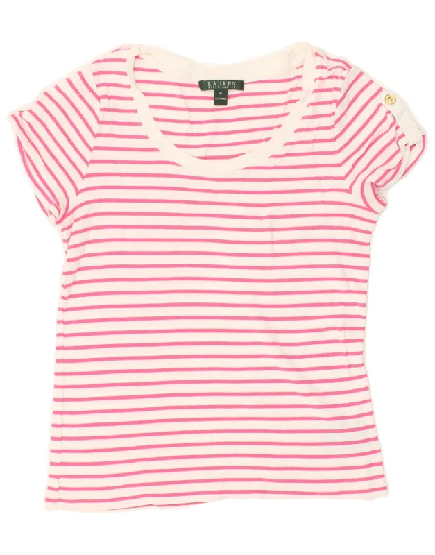RALPH LAUREN Womens T-Shirt Top UK 12 Medium Pink Striped Cotton Real Fur Shearling Chenille