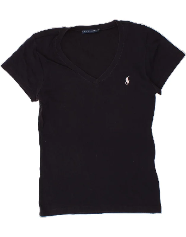 RALPH LAUREN Womens T-Shirt Top UK 14 Large Navy Blue Cotton Nylon Fabric Polyester Fabric Spandex Fabric