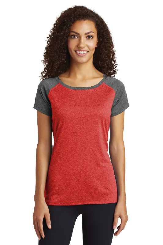 Sport-Tek Womens Contender Heather Moisture Wicking Short Sleeve Wide Neck T-Shirt - Heather Scarlet Red/Heather Graphite Grey - Closeout Rayon Fabric Velvet Fabric Corduroy Fabric