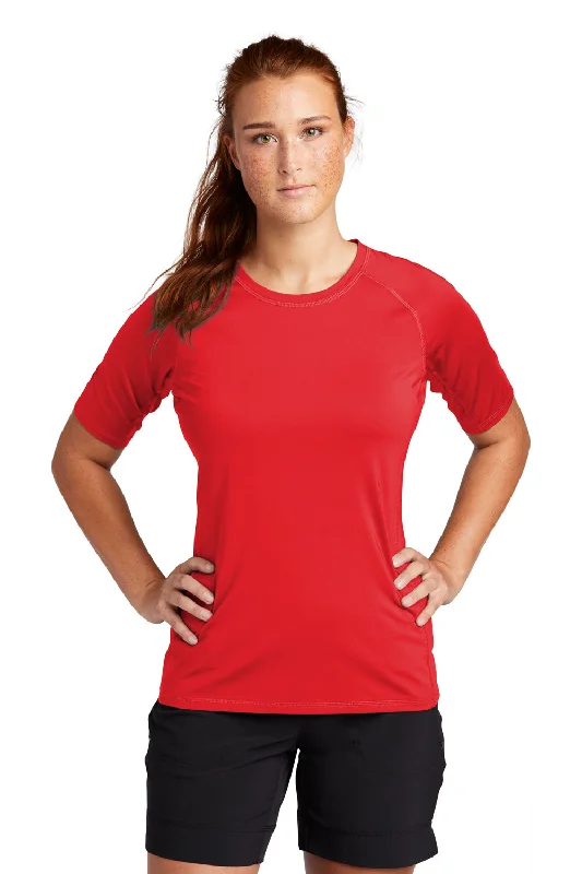 Sport-Tek Womens Rashguard Moisture Wicking Short Sleeve Crewneck T-Shirt - True Red Beaded Sequined Faux Fur