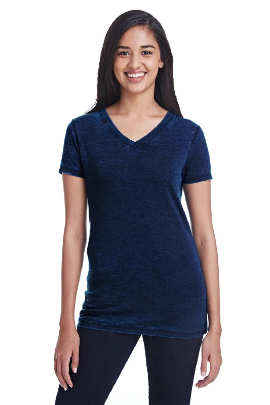 Threadfast Apparel Womens Cross Dye Short Sleeve V-Neck T-Shirt - Electric Blue Polka Dot Checkered Tartan