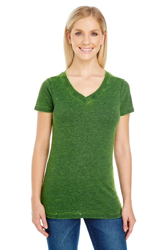 Threadfast Apparel Womens Cross Dye Short Sleeve V-Neck T-Shirt - Emerald Green Mesh Blend Leather Blend Suede Blend