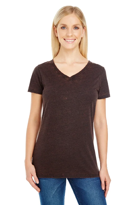 Threadfast Apparel Womens Cross Dye Short Sleeve V-Neck T-Shirt - Flame Graphic Embroidered Appliqued