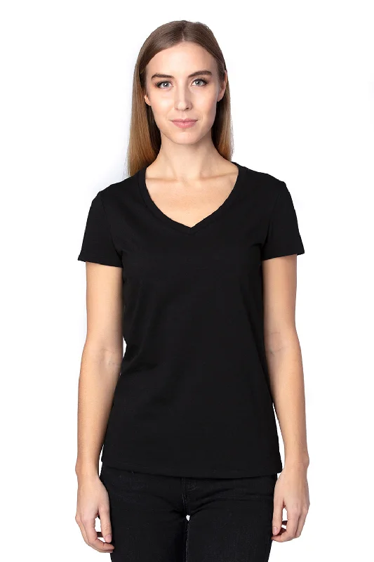 Threadfast Apparel Womens Ultimate Short Sleeve V-Neck T-Shirt - Black Print Jacquard Patchwork