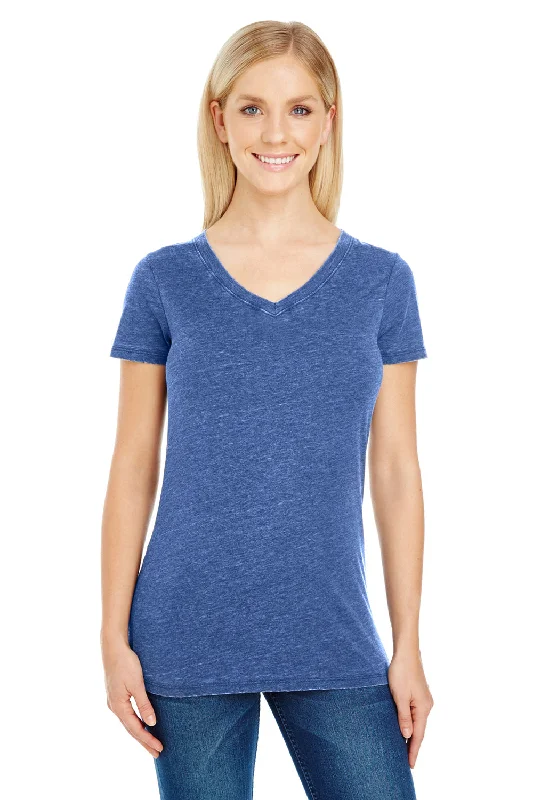 Threadfast Apparel Womens Vintage Dye Short Sleeve V-Neck T-Shirt - Vintage Navy Blue - Closeout Collared Crew Neck Turtle Neck