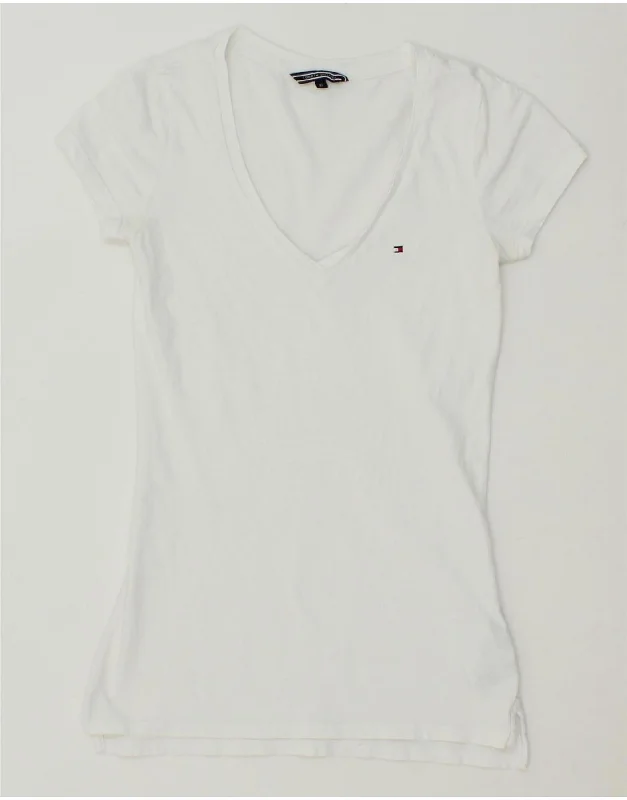 TOMMY HILFIGER Womens T-Shirt Top UK 4 XS White Cotton Notch Collar Peter Pan Collar Cowl Neck