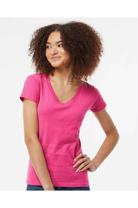 Tultex Womens Fine Jersey Short Sleeve V-Neck T-Shirt - Fuchsia Pink - NEW Terry Blend Velvet Blend Canvas Blend