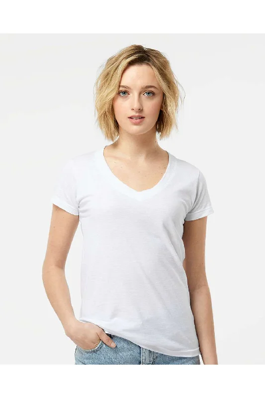 Tultex Womens Fine Jersey Short Sleeve V-Neck T-Shirt - White - NEW Embroidered Appliqued Beaded