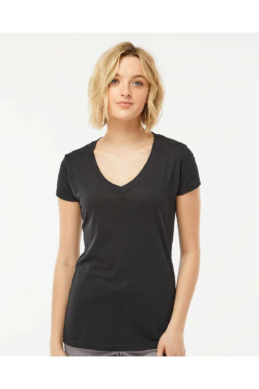 Tultex Womens Poly-Rich Short Sleeve V-Neck T-Shirt - Black - NEW Ribbed Striped Patterned