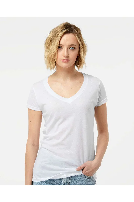 Tultex Womens Poly-Rich Short Sleeve V-Neck T-Shirt - White - NEW Wool Fabric Cashmere Fabric Tweed Fabric
