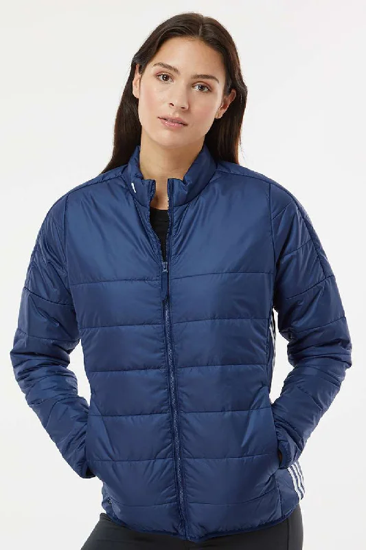 Adidas Womens Full Zip Puffer Jacket - Team Navy Blue Zippered Front Buttoned Front Snap Front