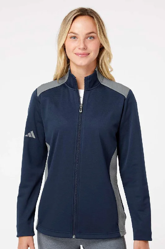 Adidas Womens Textured Mixed Media Full Zip Jacket - Collegiate Navy Blue/Grey Fleece Jacket Down Jacket Feather Jacket