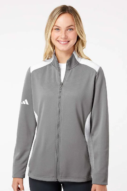 Adidas Womens Textured Mixed Media Full Zip Jacket - Grey/White Knit Jacket Woven Jacket Fleece Jacket