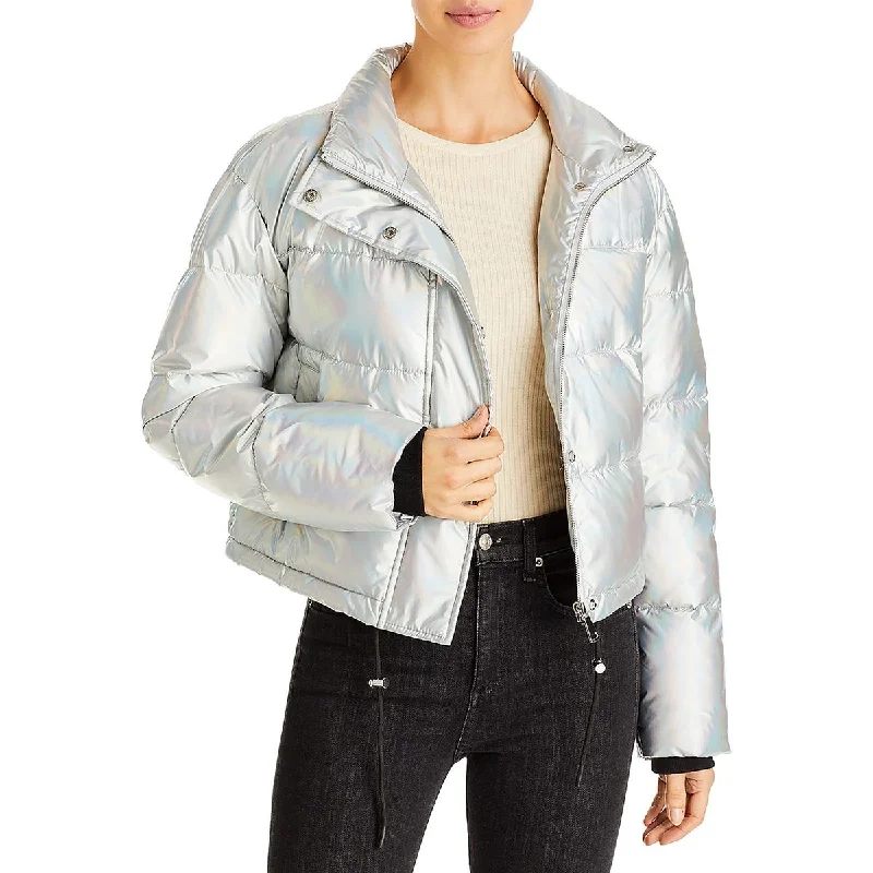 Aqua Womens Lightweight Cropped Puffer Jacket Front Pockets Side Pockets Patch Pockets