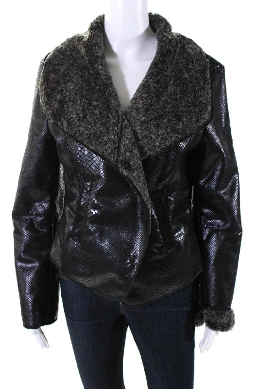 Armani Collezioni Womens Black Reptile Print Faux Fur Lining Jacket Appliqued Jacket Beaded Jacket Sequined Jacket