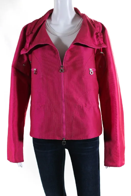 Armani Collezioni Women's Full Zip Cropped Pinstripe Jacket Pink Welt Pockets Slit Pockets Flap Pockets