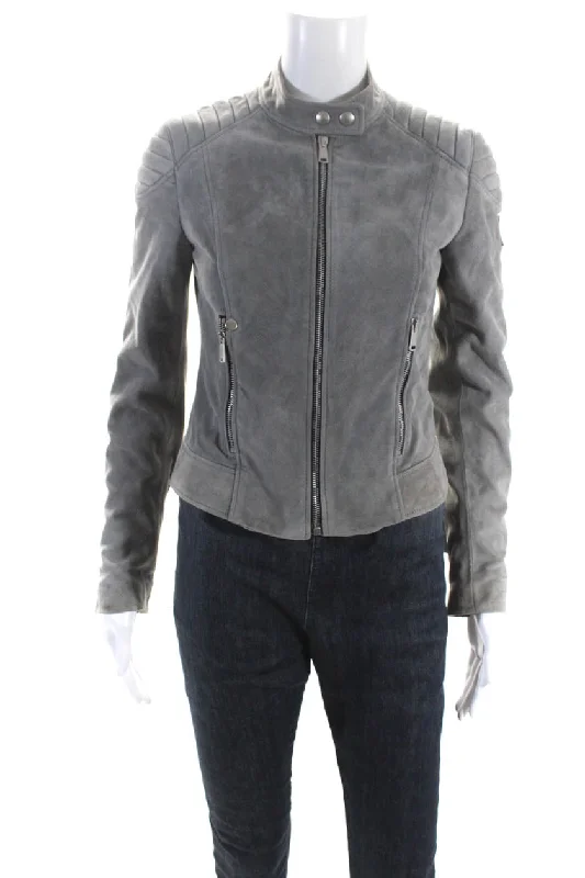 Belstaff Womens Leather Zipped Button Long Sleeve Mock Neck Jacket Gray Notch Collar Jacket Peter Pan Collar Jacket Cowl Neck Jacket