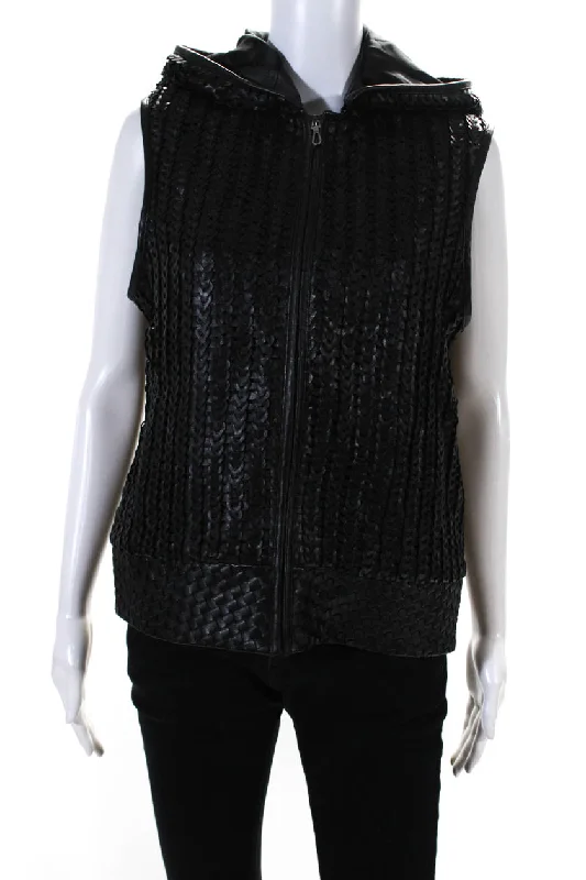 Blue Ice Womens Leather Woven Zip Textured Sleeveless Hooded Jacket Black Nylon Fabric Polyester Fabric Spandex Fabric