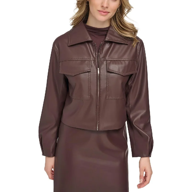 Calvin Klein Womens Lightweight Short Leather Jacket Satin Jacket Silk Jacket Chiffon Jacket