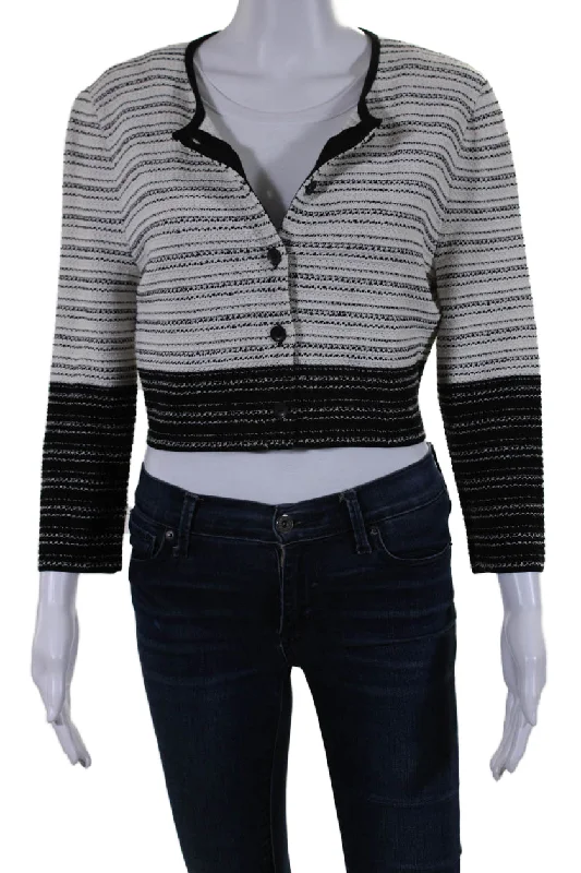 Carolina Herrera Womens White Black Color Block Crop Long Sleeve Jacket Wool Jacket Cashmere Jacket Tweed Jacket