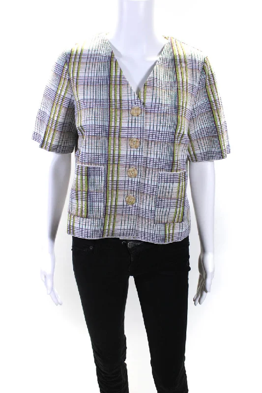 Catherine Andre Womens Short Sleeve Knit Plaid V Neck Jacket Green White Medium Denim Fabric Leather Fabric Suede Fabric