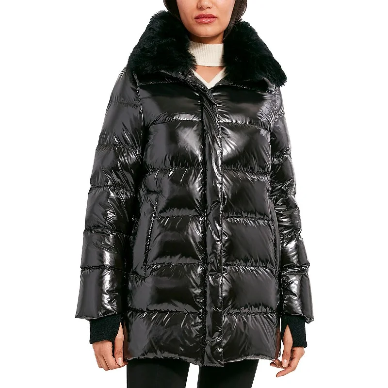 Dawn Levy Womens Shimmer Heavy Puffer Jacket Stand-Up Collar Roll-Neck Collar Turtle Neck