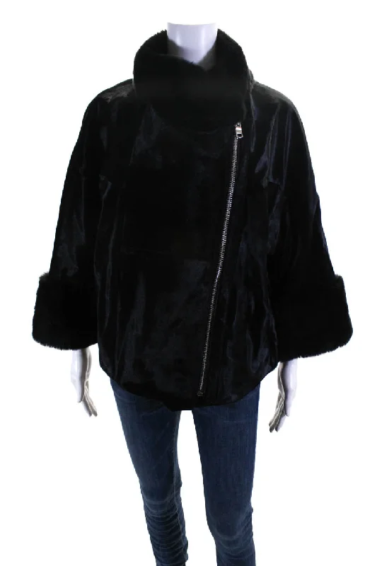 Designer Womens Rabbit Fur Trim Cuff Zippered Motorcycle Jacket Black Cardigan Sweater Pullover Designer Womens Rabbit Fur Trim Cuff Zippered Motorcycle Jacket Black Cardigan Sweater Pullover
