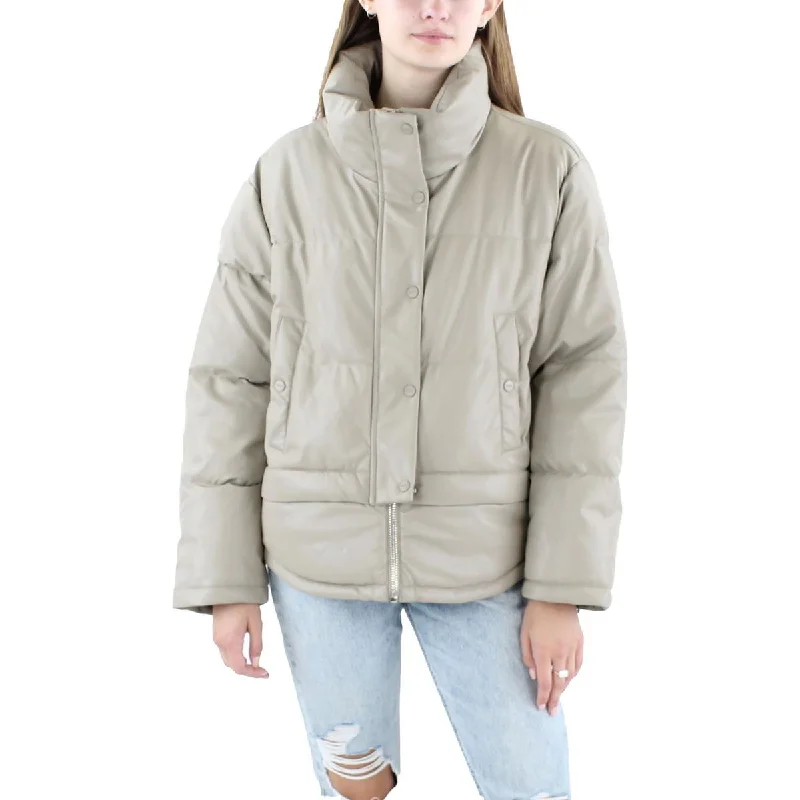 DKNY Jeans Womens Faux Leather Short Puffer Jacket Belted Jacket Elasticated Jacket Padded Jacket