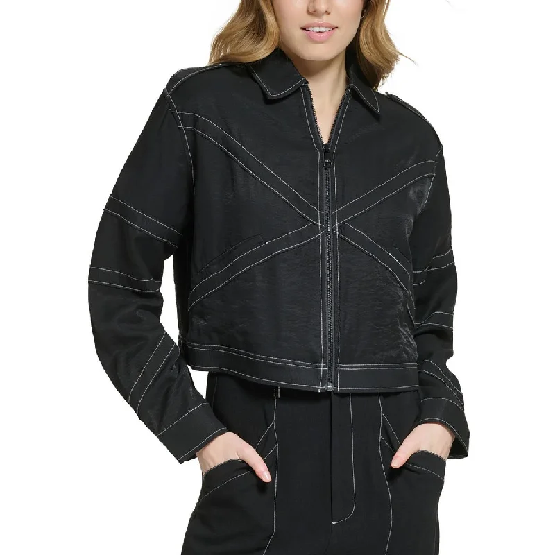 DKNY Womens Crinkle Topstitched Shirt Jacket Knit Jacket Woven Jacket Fleece Jacket