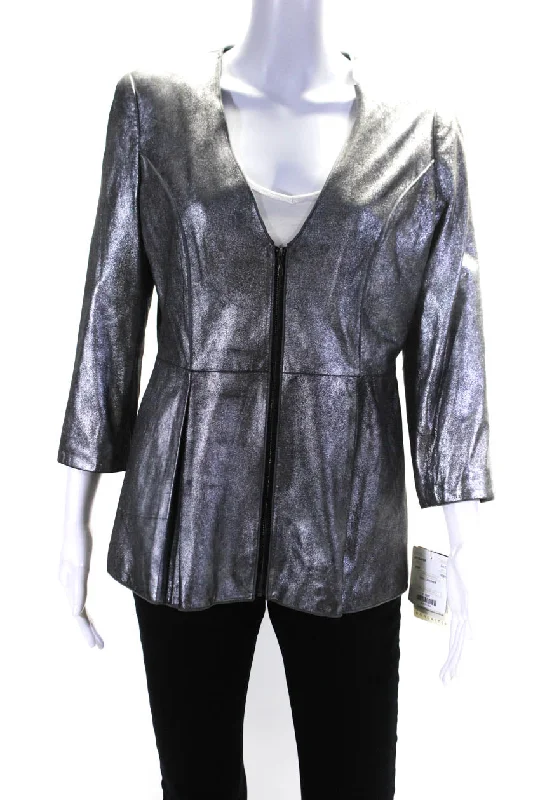 Doncaster Collection Womens Metallic Leather V Neck Zip Jacket Silver Appliqued Jacket Beaded Jacket Sequined Jacket