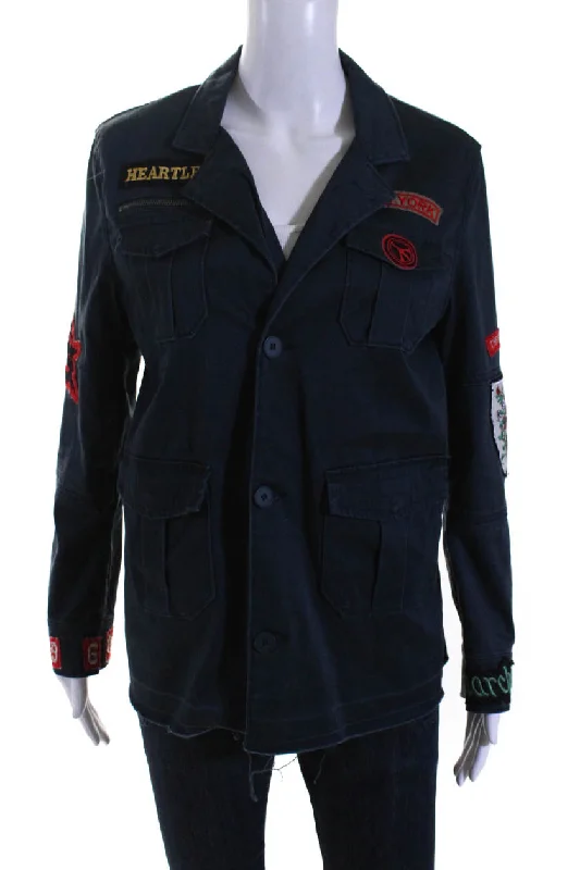 Elan Womens Embroidered Patch Button Up Notched Collar Jacket Navy Front Pockets Side Pockets Patch Pockets