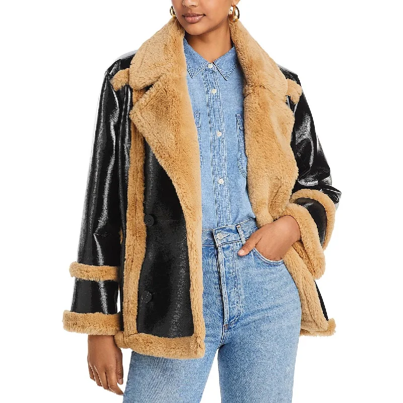 French Connection Womens Filpa Faux Shearling Trim Heavy Trucker Jacket Trench Coat Raincoat Waterproof Jacket
