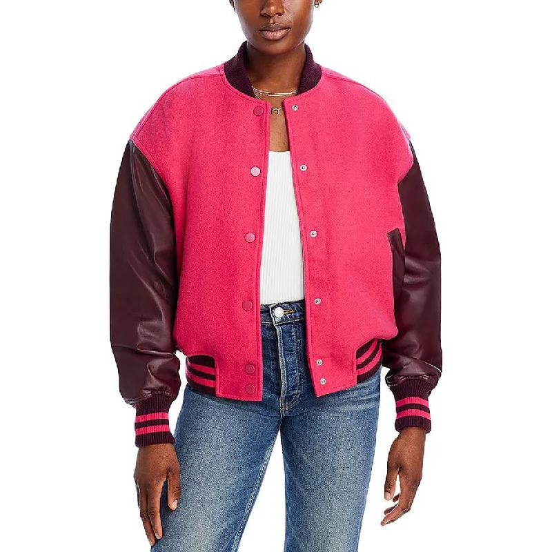 Good American Womens Varsity Faux Leather Trim Striped Bomber Jacket One-Shoulder Jacket Off-the-Shoulder Jacket Asymmetrical Jacket