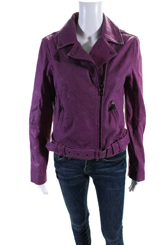 Haute Hippie Womens Leather Full Zip Short Motorcycle Jacket Plum Purple Print Jacket Jacquard Jacket Embroidered Jacket
