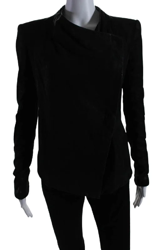 Helmut Lang Womens Button Front Long Sleeve Crew Neck Suede Jacket Black Small Boat Neck Shawl Collar Notched Collar