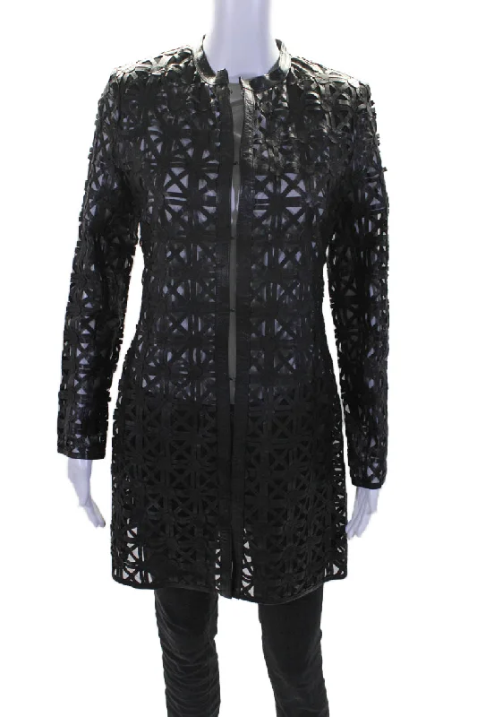 In Transit 2 Womens Black Leather Mesh Crew Neck Long Sleeve Jacket Zippered Front Buttoned Front Snap Front In Transit 2 Womens Black Leather Mesh Crew Neck Long Sleeve Jacket Zippered Front Buttoned Front Snap Front