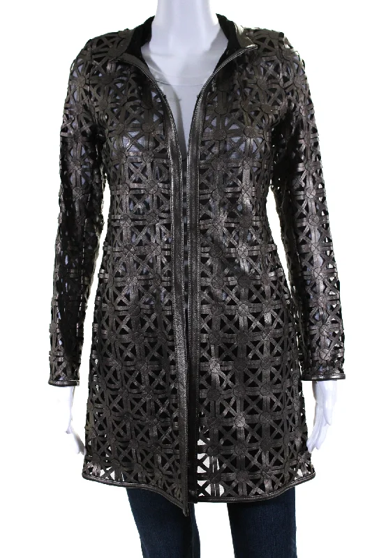 In Transit Womens Laser Cut Metallic Mesh Leather Jacket Brown Black Wool Fabric Cashmere Fabric Tweed Fabric In Transit Womens Laser Cut Metallic Mesh Leather Jacket Brown Black Wool Fabric Cashmere Fabric Tweed Fabric